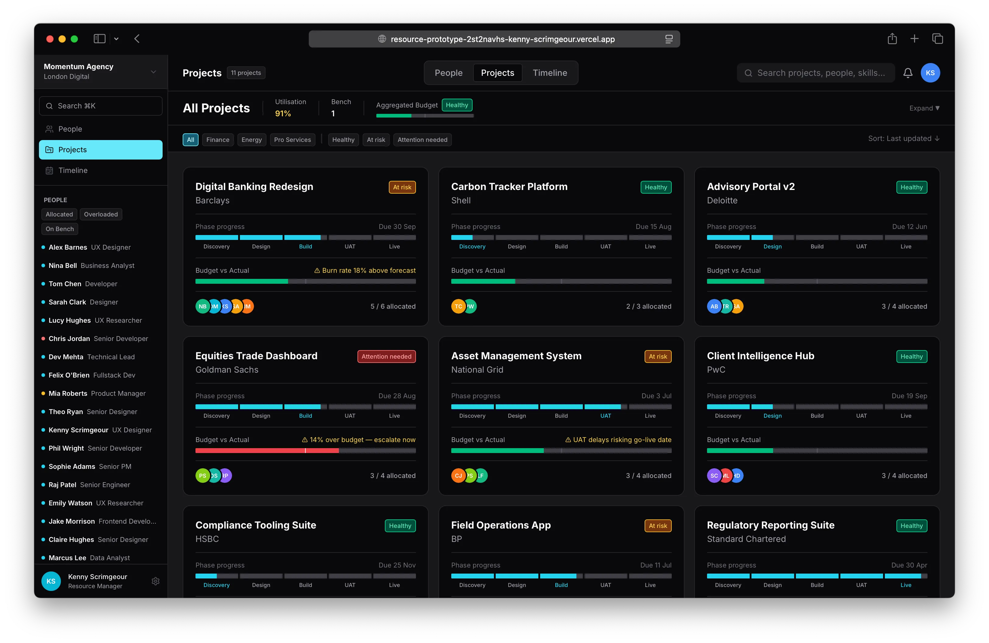 The prototype in dark theme