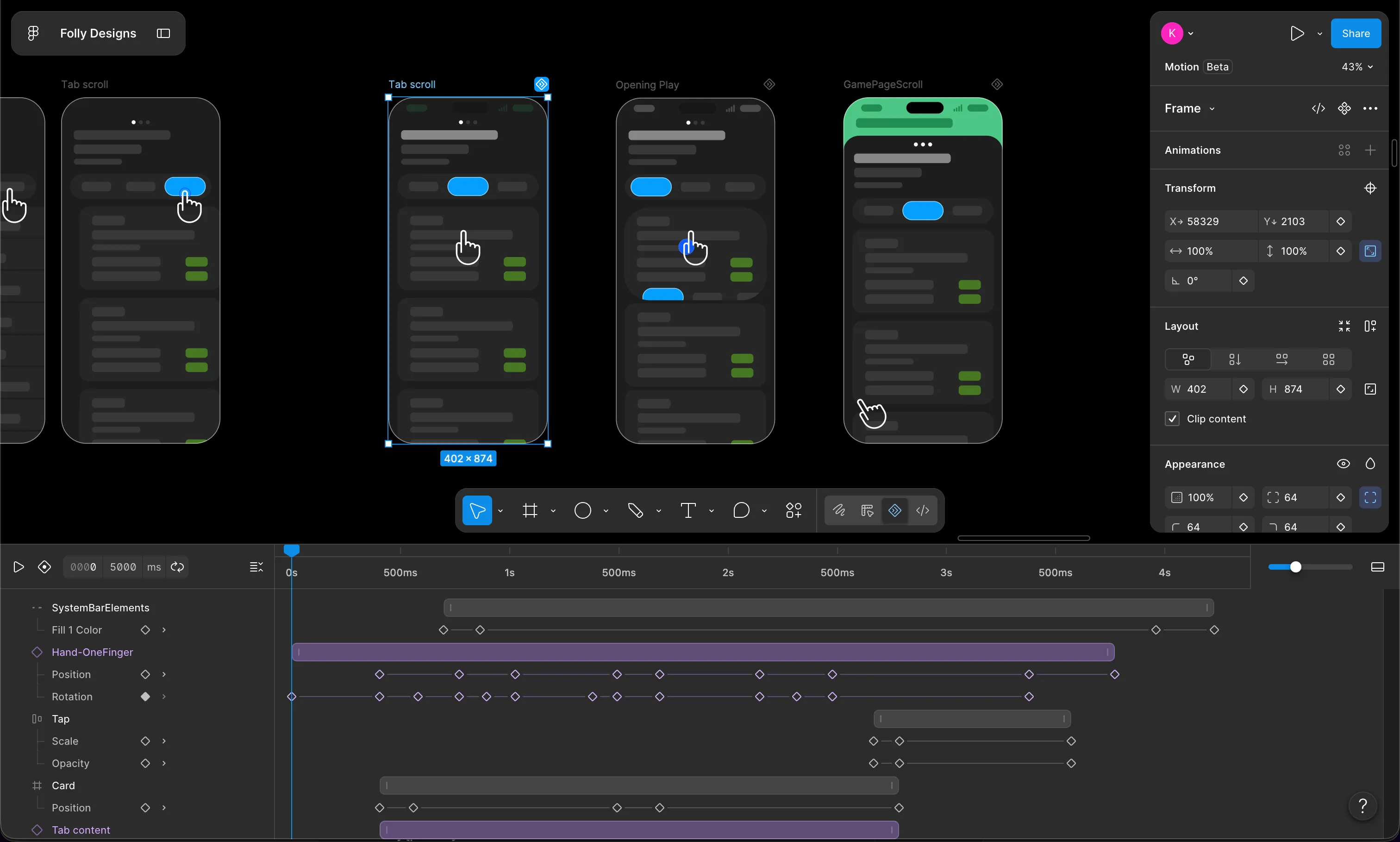 Using Figma Motion to create blockframe animations of the key screen transitions.