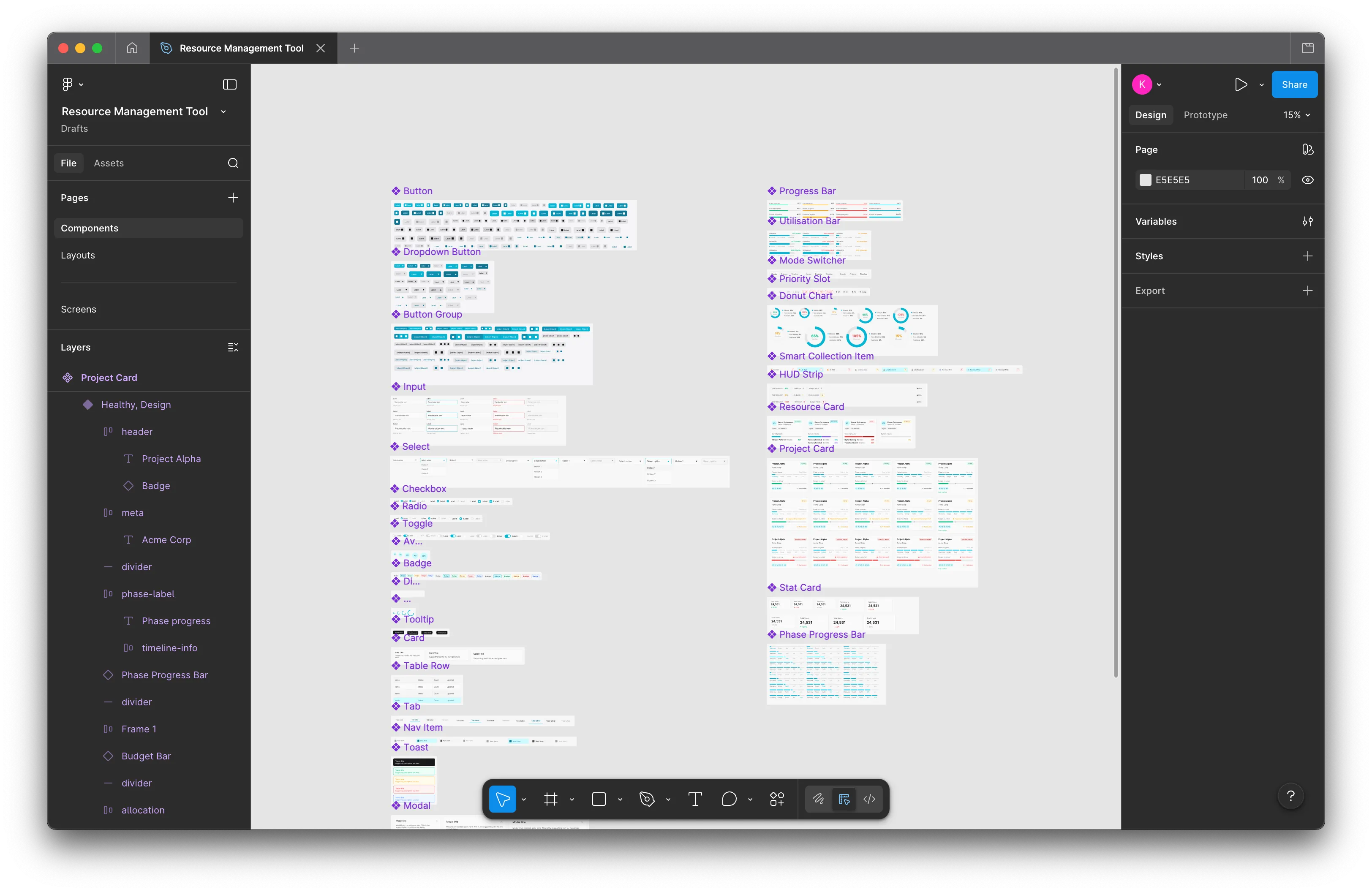 The generated component library in Figma - buttons, inputs, badges, tabs and card components laid out for the app.