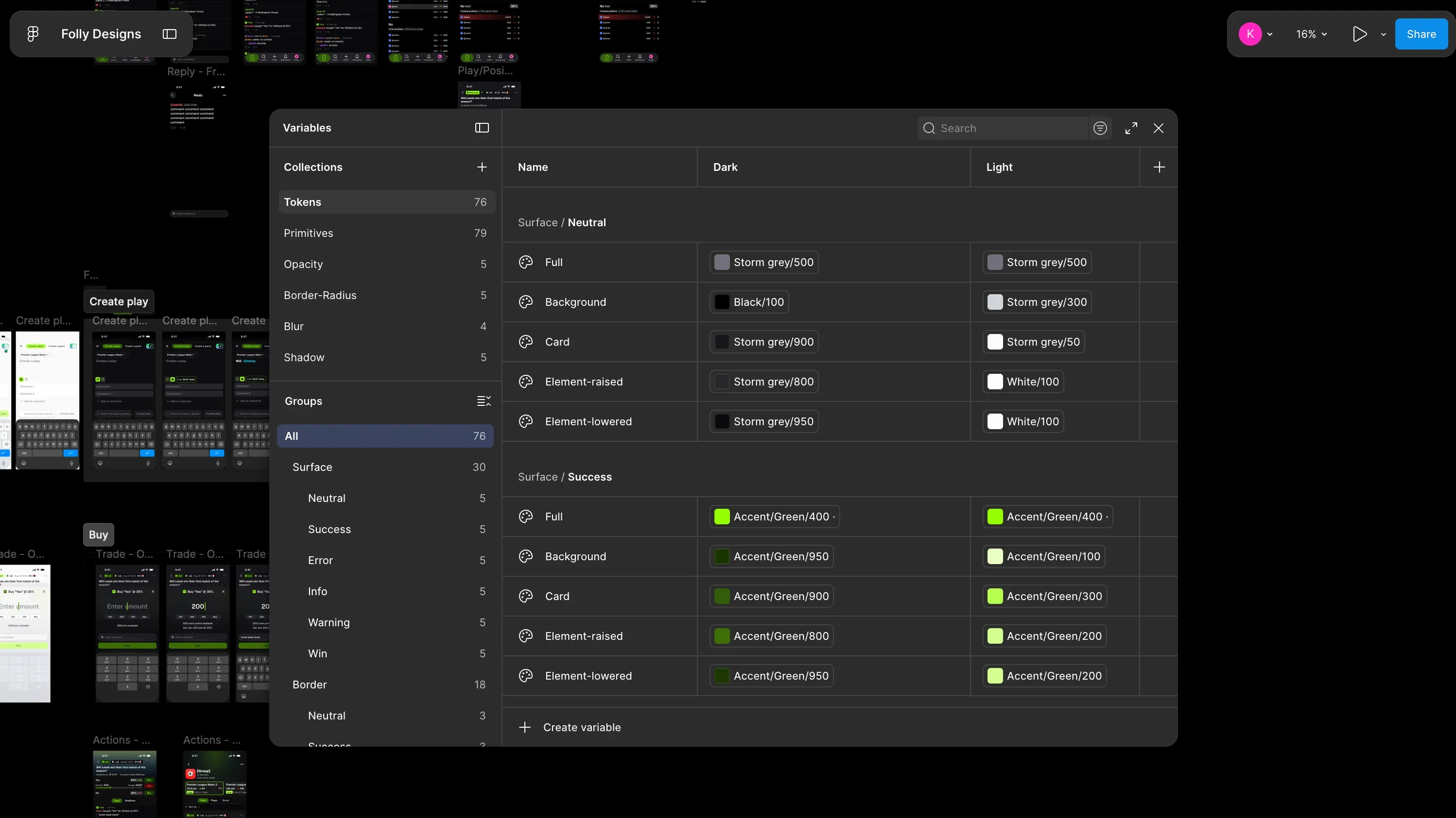 Variables showing dark and light theme in Figma.