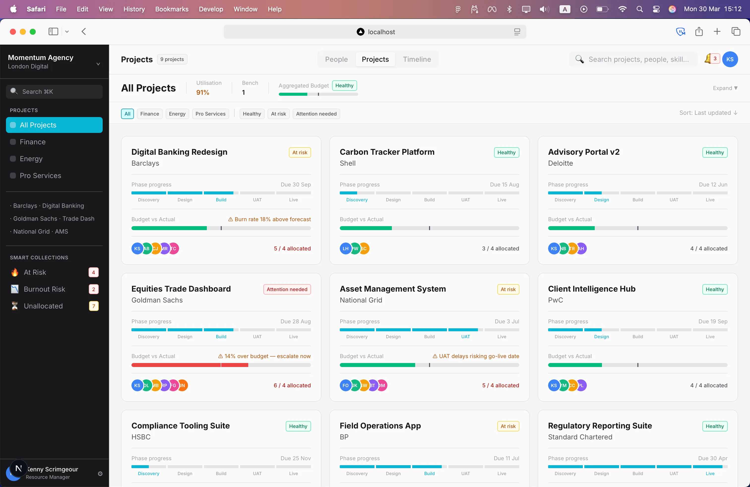 The coded prototype's Projects view running in the browser, with functional filters, project cards and a working search bar.