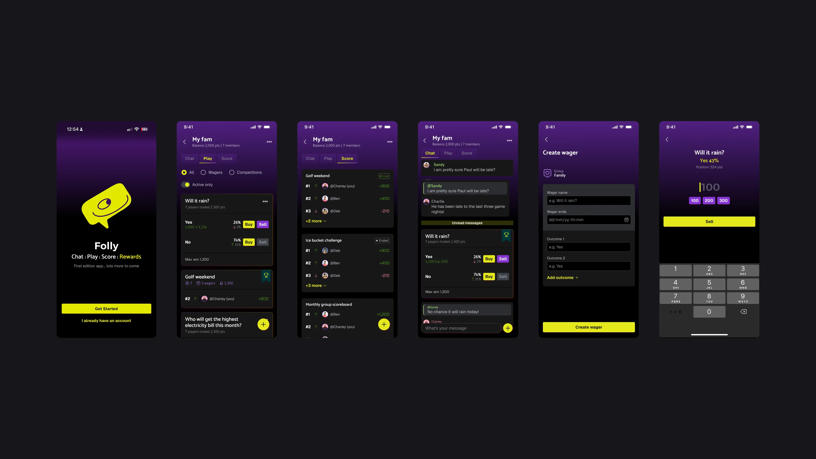 The original screens showing the sign in form, group screen tabs, creating a wager, making a trade.