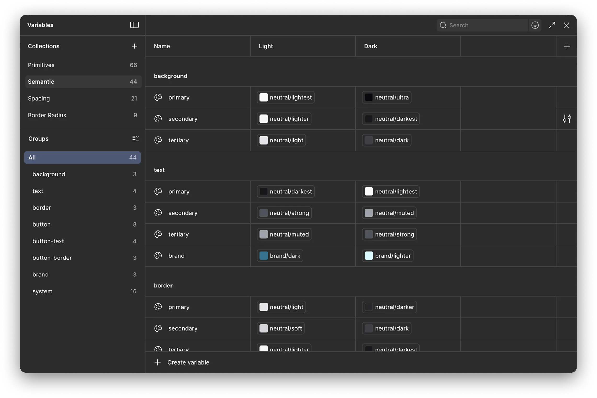 The design-token library in Figma - primitives and semantic tokens mapped across light and dark themes.